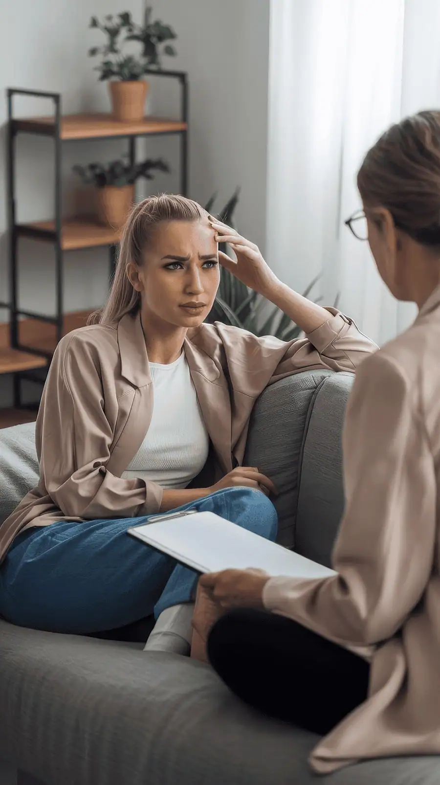 Woman consulting with healthcare professional about health issues.