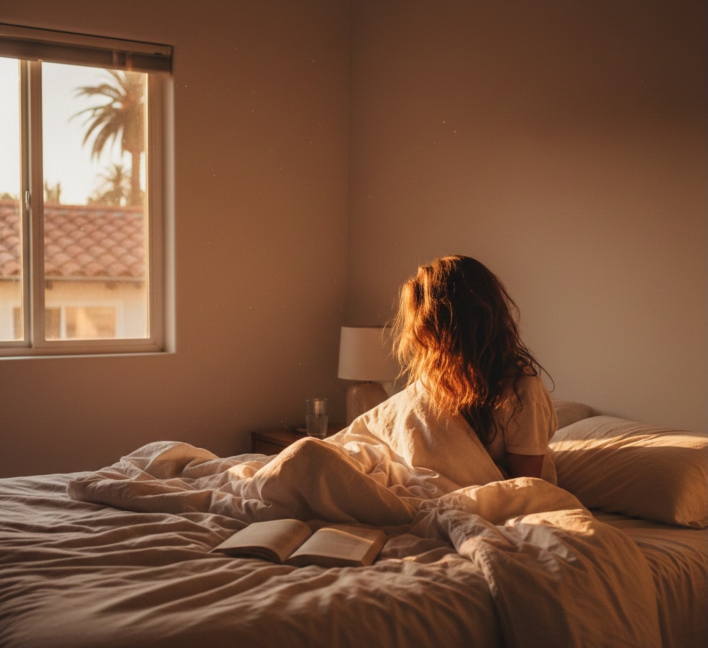 a woman in bed in riverside california with insomnia from alcohol abuse