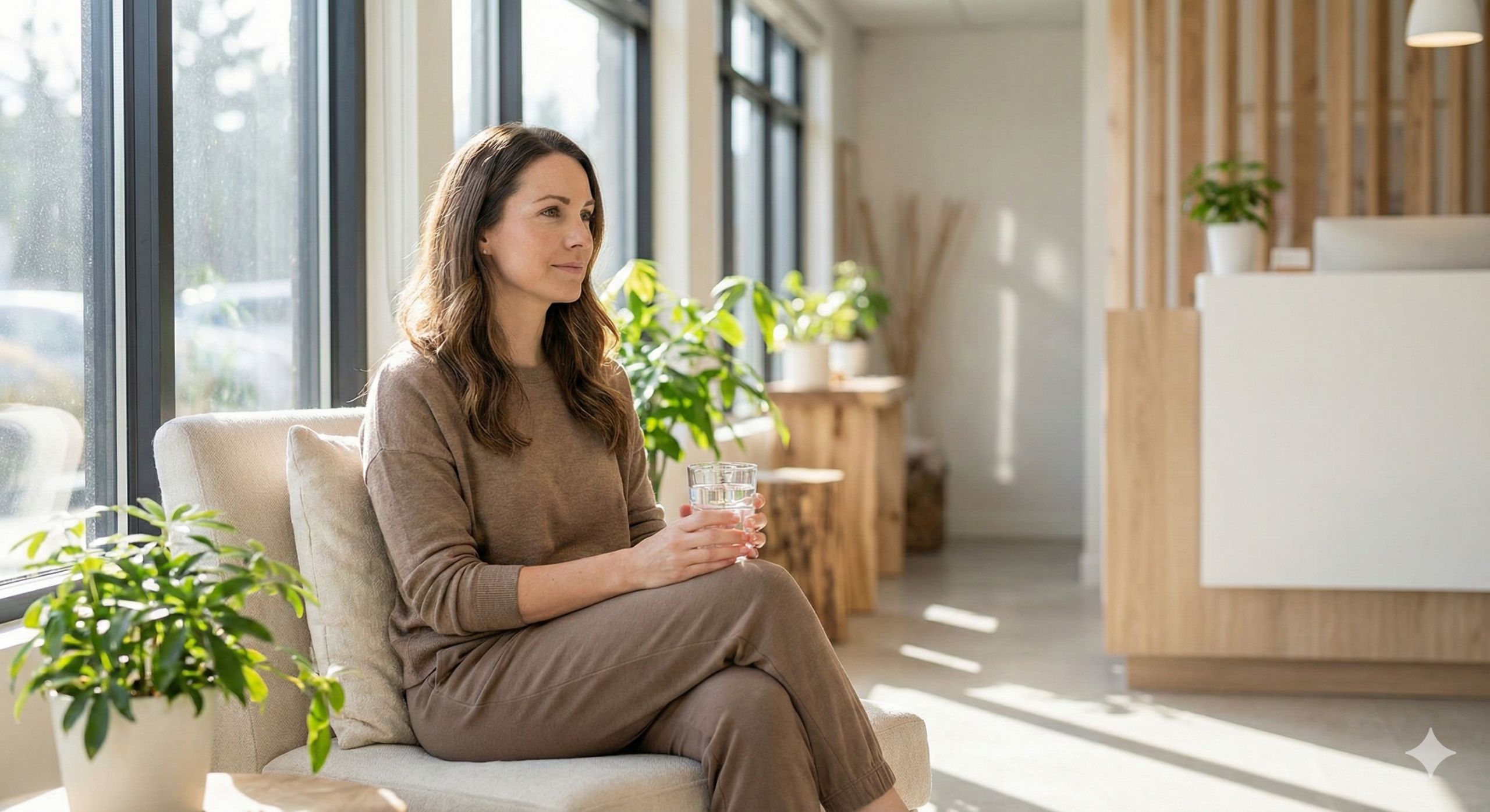 A woman in a supportive recovery setting practicing hydration to manage alcohol withdrawal symptoms