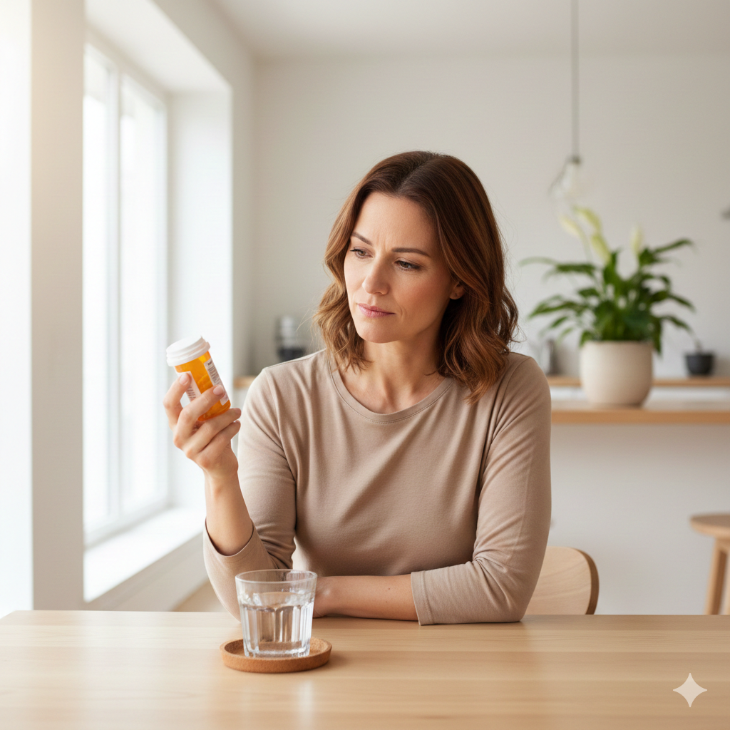A woman sitting at a table looking thoughtfully at a medication bottle and a glass of water.