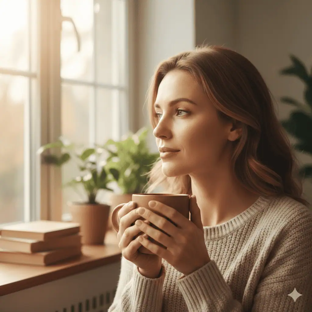 A woman sitting peacefully in a bright room, symbolizing physical and mental wellness after recovery.