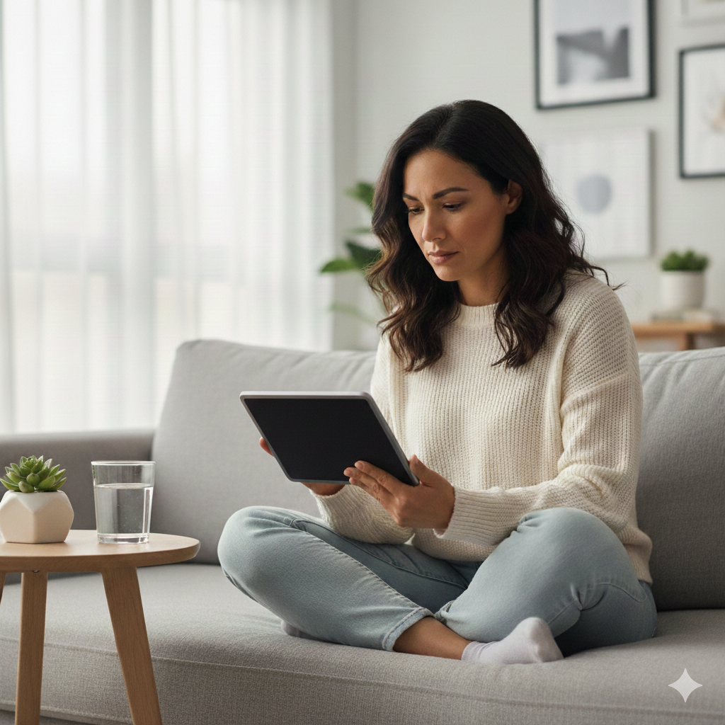 A woman tracking her menstrual cycle on a tablet while staying hydrated