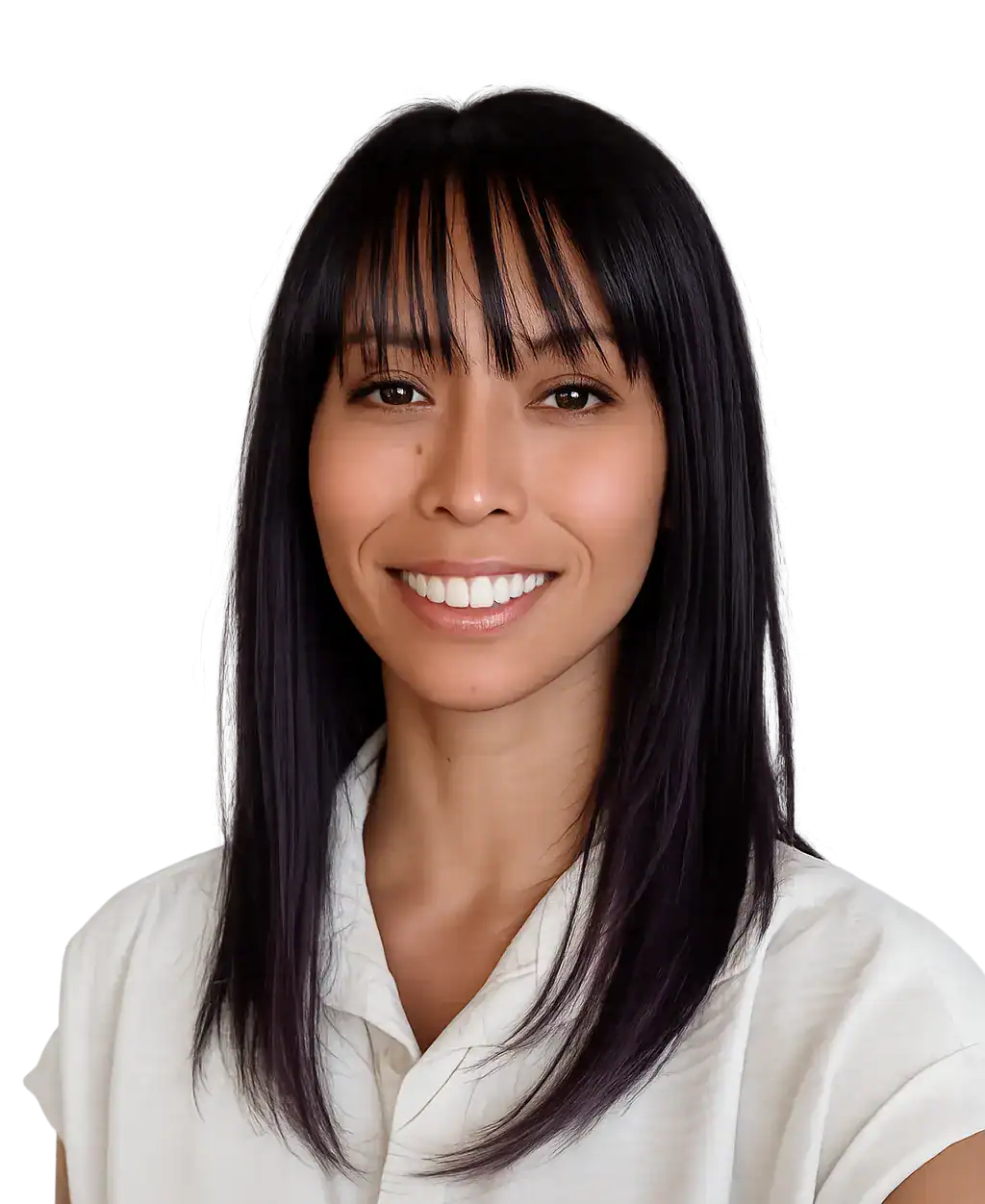 Smiling woman with straight black hair and bangs, wearing a white shirt.