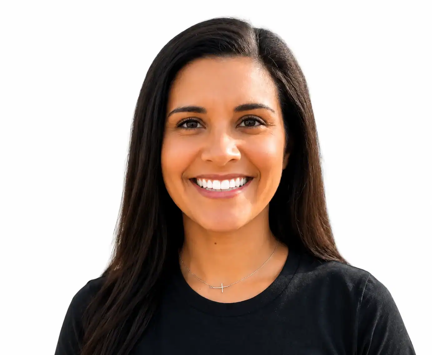 Smiling woman with long dark hair wearing a black shirt.